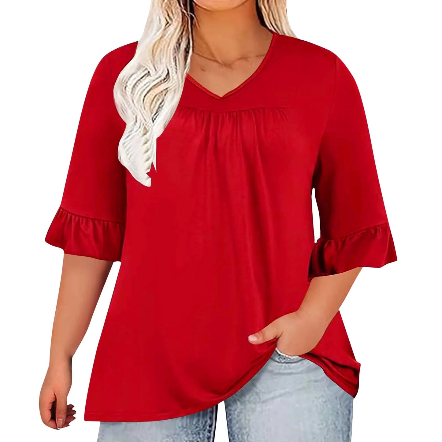 Summer Women Tunic Blouse Top Solid Color Oversize Loose Ruffle Half Sleeve V Neck Casual T-Shirts Elegant Lady Clothing