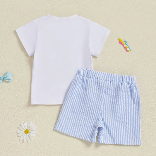 Adorable Infant Boy Casual Wear Set with Embroidered Crew Neck Tee and Striped Shorts for Hot Weather - 2 Piece Outfit