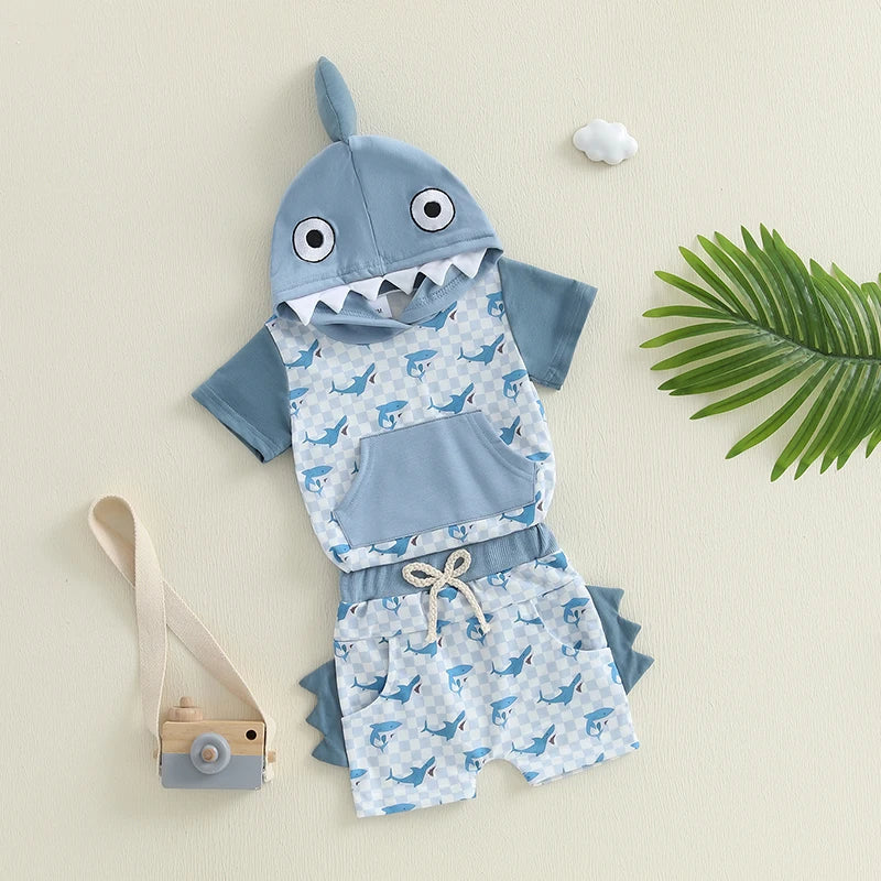 Boys Summer Outfit Sets Short Sleeve Dinosaur Print Hooded Tops and Elastic Waist Shorts Sets for Active Kids
