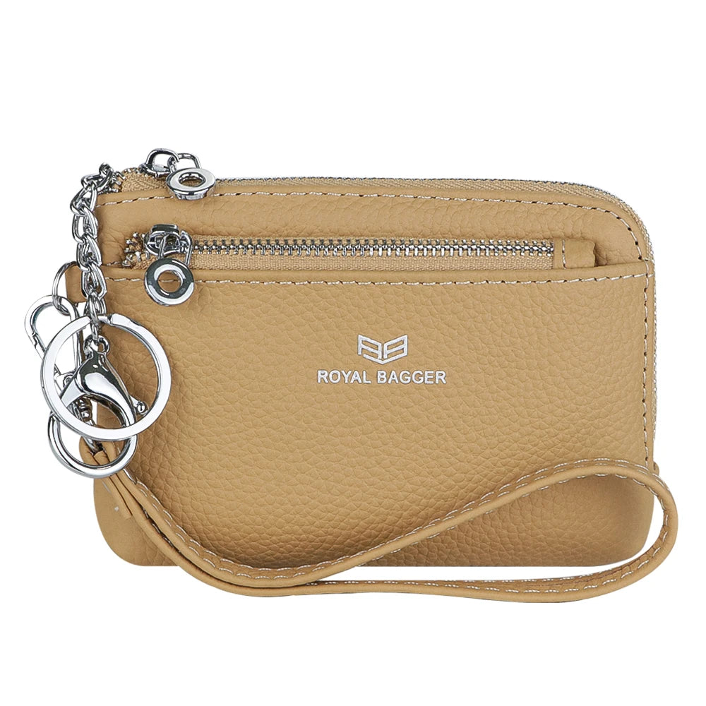Royal Bagger RFID Coin Purse with Keychain, Genuine Leather Multi Zipper Clutch Wallet, Portable Wristlet Card Holder