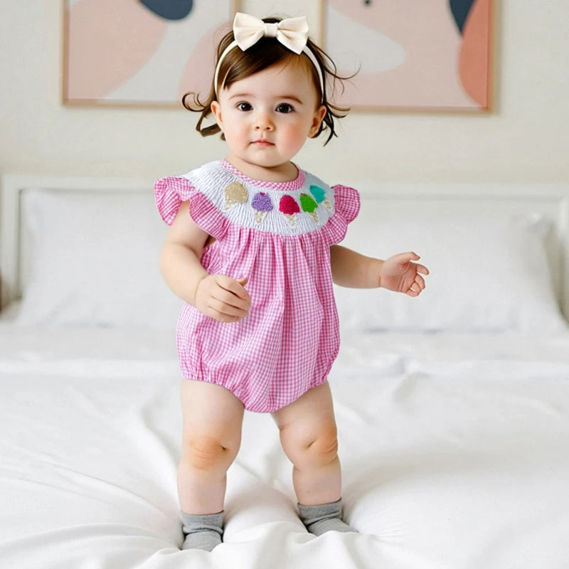 Toddler Girls Rompers Watermelon Embroidery Polka Dot Floral Square Neck Ruffle Sleeve Baby Bodysuits Playsuits