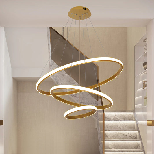 Modern Dimmable 3-Ring LED Chandelier with Remote for High Ceilings and Living Rooms