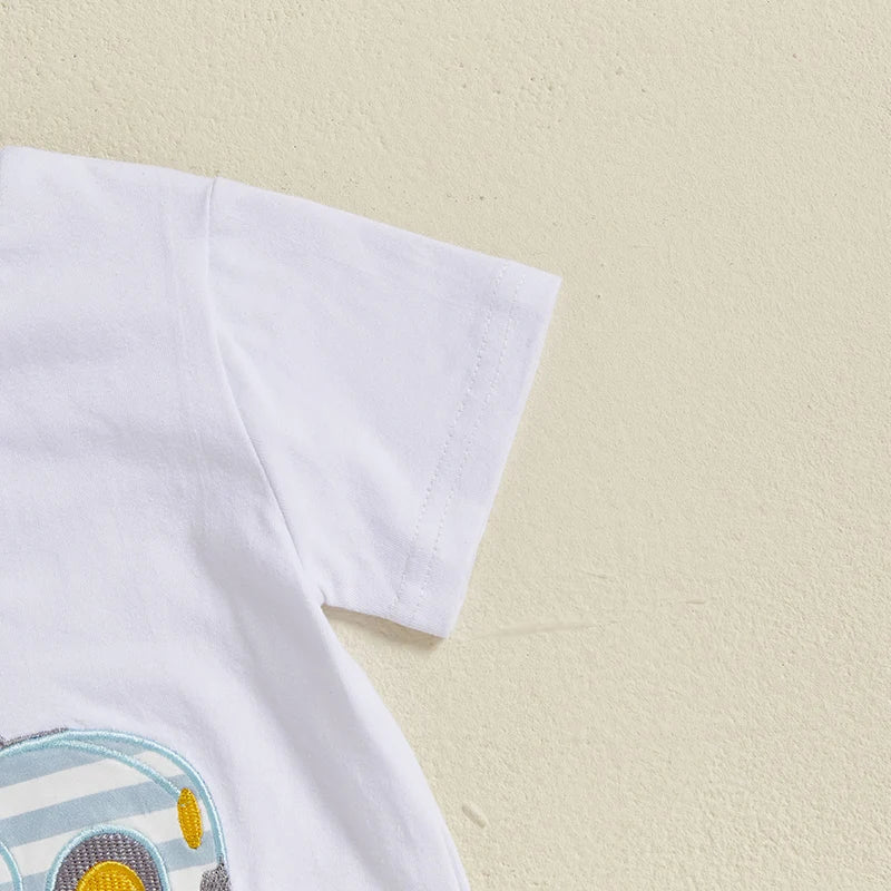 Adorable Infant Boy Casual Wear Set with Embroidered Crew Neck Tee and Striped Shorts for Hot Weather - 2 Piece Outfit