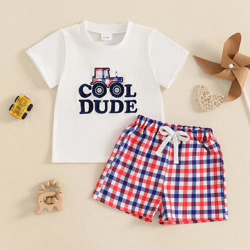 Boys Dinosaur Print T-shirt and Plaid Shorts Set Short Sleeve Embroidery Toddler Outfit for Summer Fun and Play