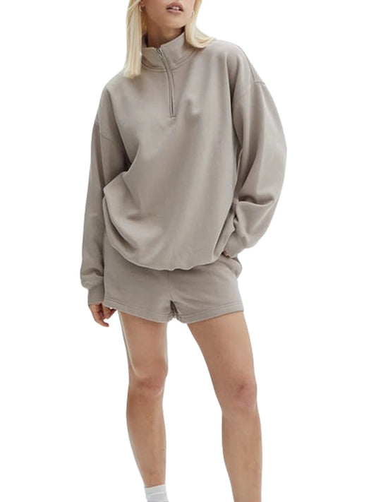 Women Shorts Set Long Sleeve Stand Collar Zipped Sweatshirt Activewear Fall Outfit