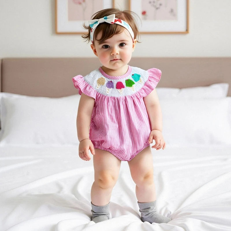 Toddler Girls Rompers Watermelon Embroidery Polka Dot Floral Square Neck Ruffle Sleeve Baby Bodysuits Playsuits