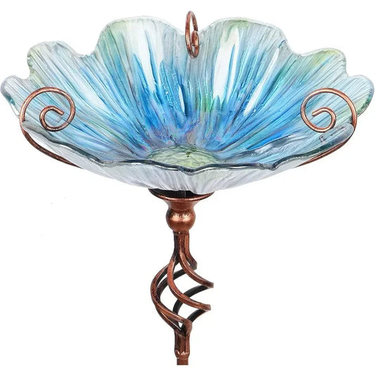 31 Inch Height Glass Birdbath Birdfeeder with Metal Stake Garden Yard Outdoor Blue