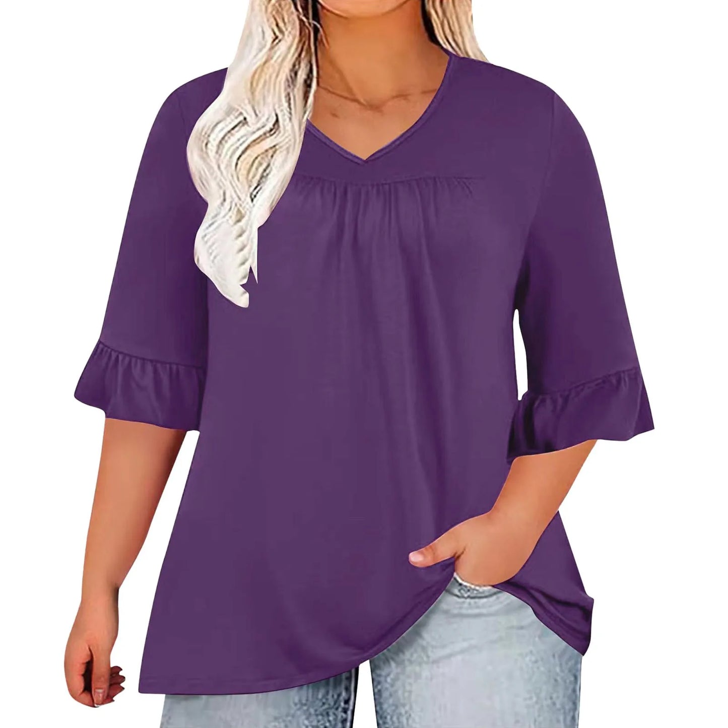 Summer Women Tunic Blouse Top Solid Color Oversize Loose Ruffle Half Sleeve V Neck Casual T-Shirts Elegant Lady Clothing