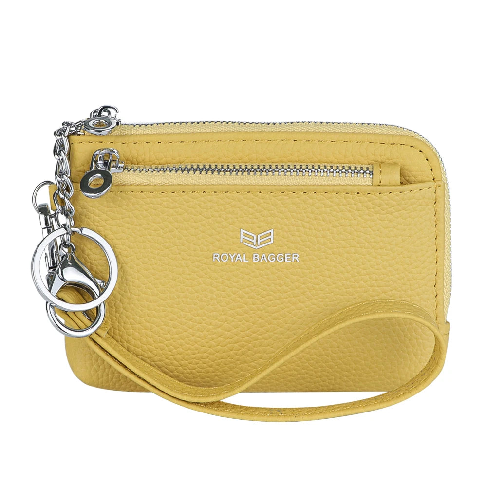 Royal Bagger RFID Coin Purse with Keychain, Genuine Leather Multi Zipper Clutch Wallet, Portable Wristlet Card Holder