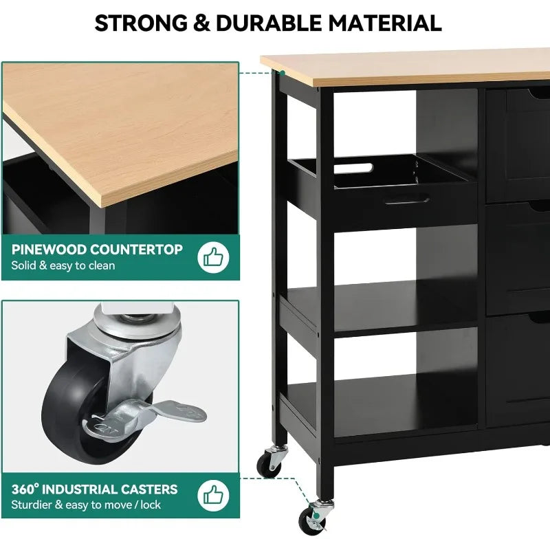 Kitchen Island with Storage, Kitchen Cart for Home, Rolling Serving Utility Trolley Cart on Wheel with 3 Drawers and 3 Storage