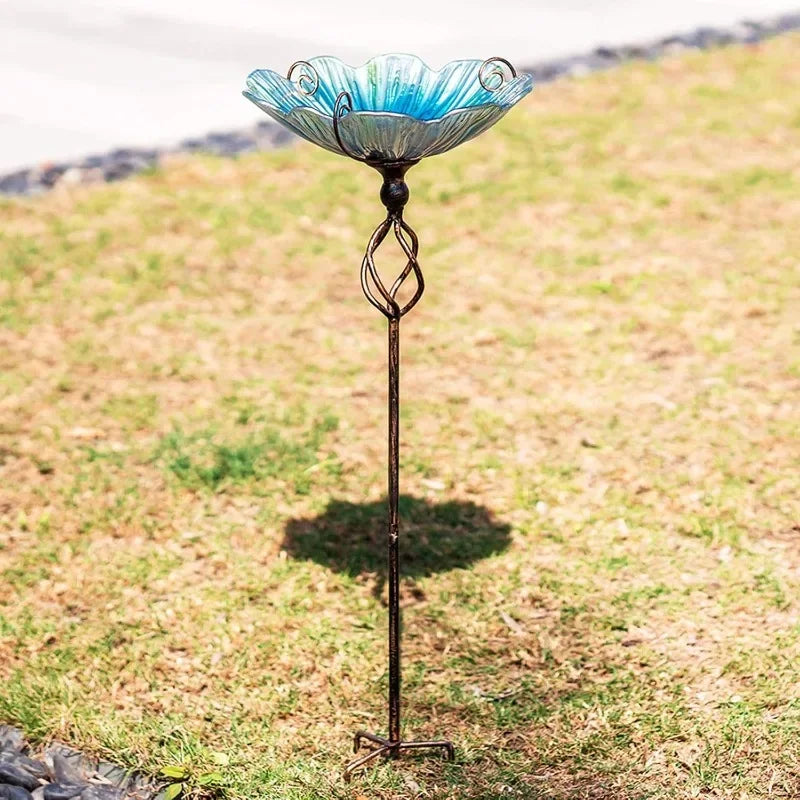 31 Inch Height Glass Birdbath Birdfeeder with Metal Stake Garden Yard Outdoor Blue
