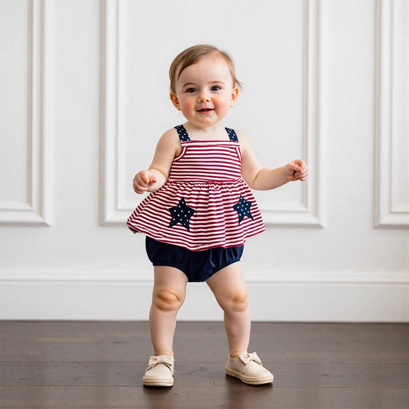 Toddler Girl Independence Day Clothing Set Sleeveless Striped Top with Matching Solid Color Shorts 2 Piece Outfit