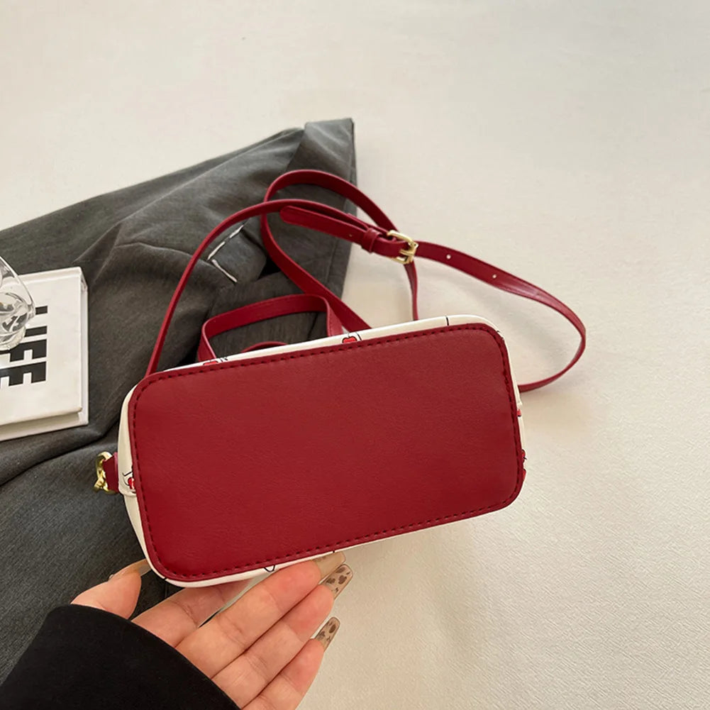 Women PU Cherry Shoulder Bag Large Capacity Trendy Commuting Bag with Cherry Pendant Stylish Crossbody Bag Aesthetic Handbag