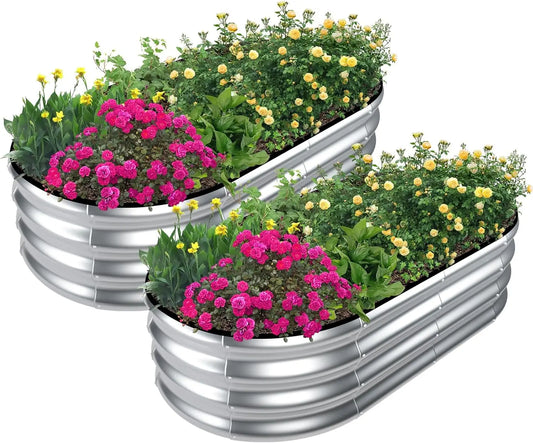 Galvanized Raised Garden Bed Outdoor, 2 Pcs 4x2x1ft Oval Metal Planter Box for Planting Plants Vegetables, Silver