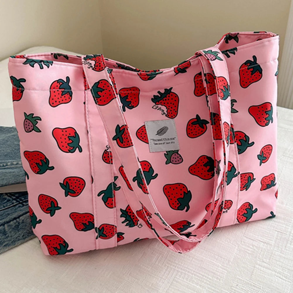 Cute Cherry Strawberry Print Satchel Purse Large Capacity Shoulder Purse Nylon Top Handle Bag Women Leisure Shopping Grocery Bag