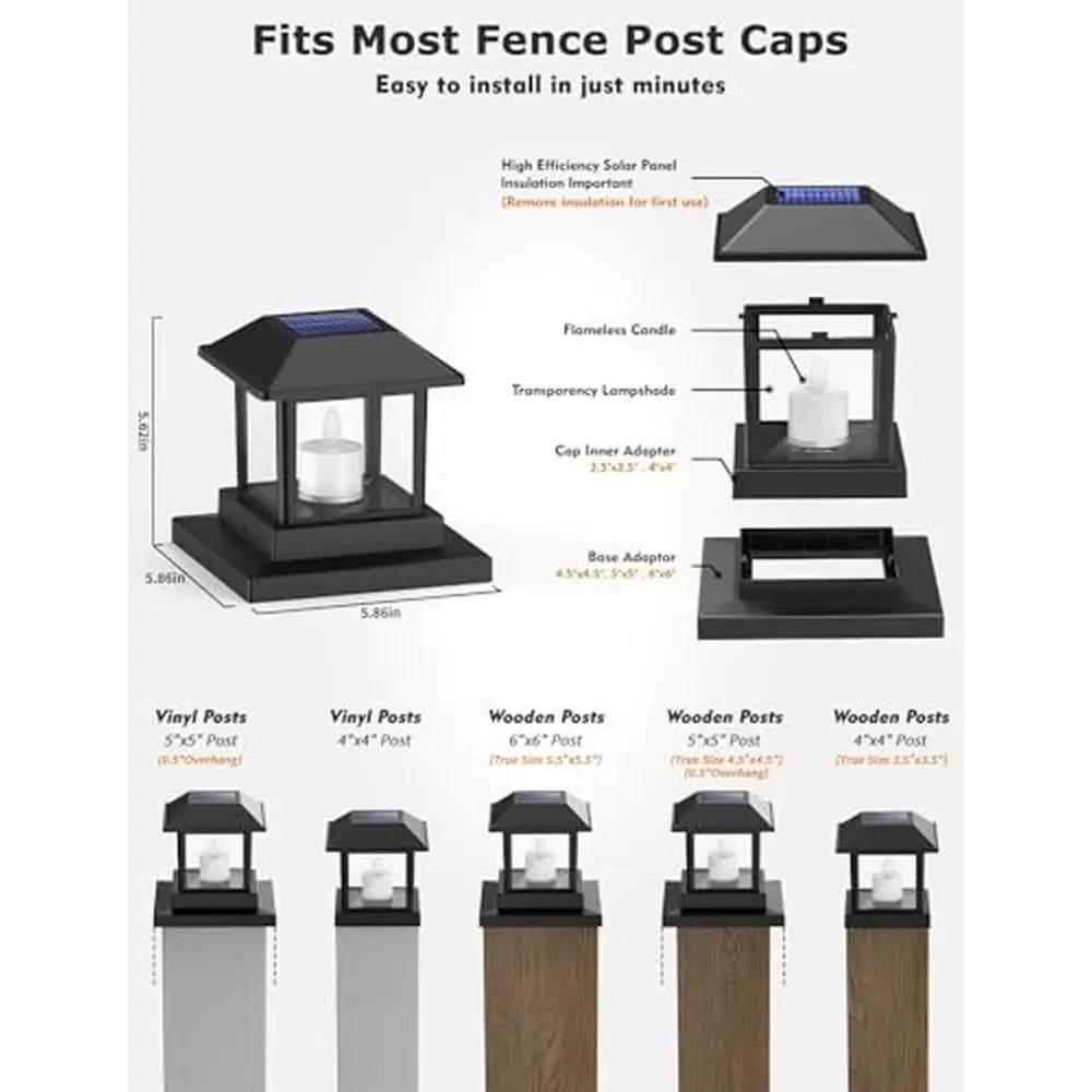 Solar Post Cap Lights Outdoor 4 Pack 3D Flickering Candle Design IP67 Waterproof Warm LED Lighting Kit Decor Solar Powered Easy