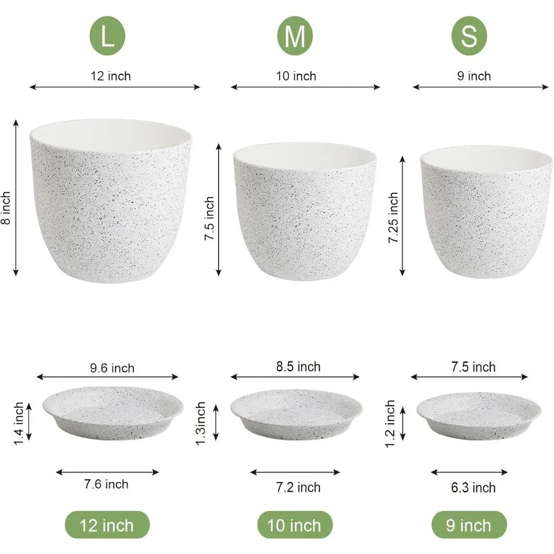 12/10/9 Large Modern Plant Pots, Plastic Planters with Drainage Holes and Saucers for Indoor Outdoor Plants Flowers
