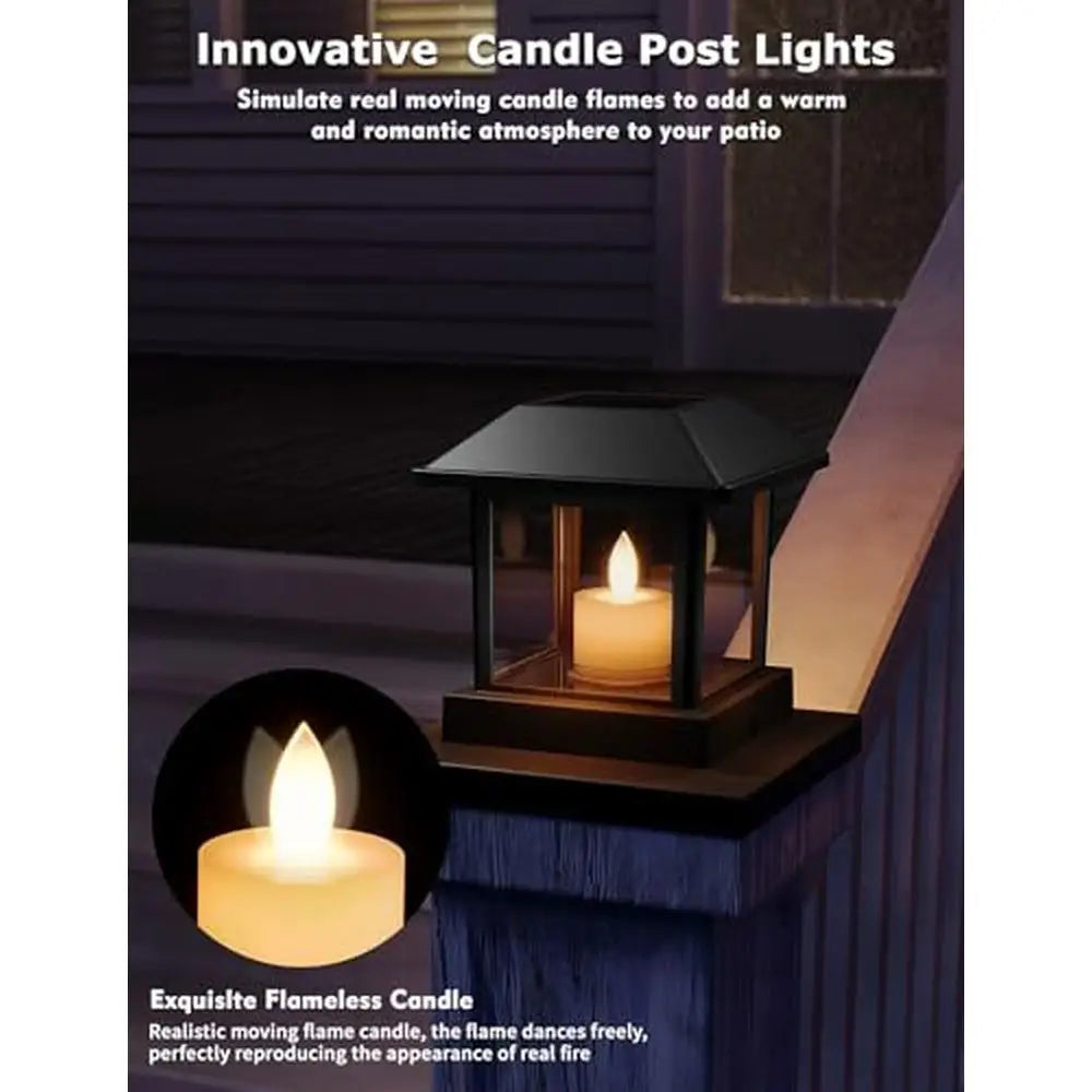 Solar Post Cap Lights Outdoor 4 Pack 3D Flickering Candle Design IP67 Waterproof Warm LED Lighting Kit Decor Solar Powered Easy