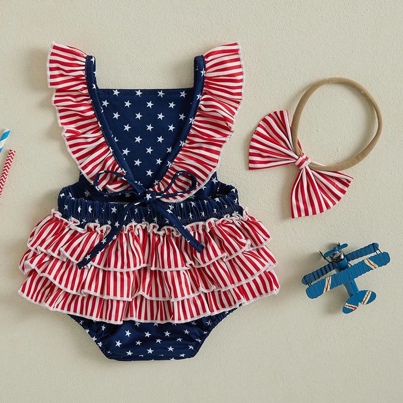 Toddler Girls American Flag Romper with Ruffle Sleeve and Bow Headband Set for 4th of July Celebration