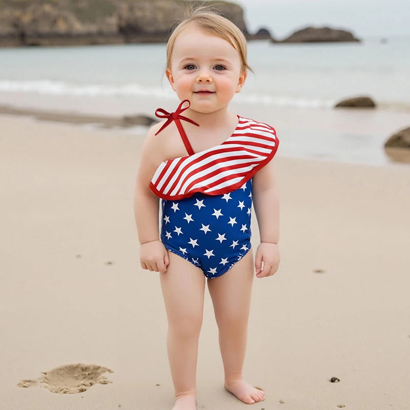 Adorable Baby Girl Fourth of July Stars and Stripes Print  Swimsuit with Ruffles and Bow Detail for Summer Fun