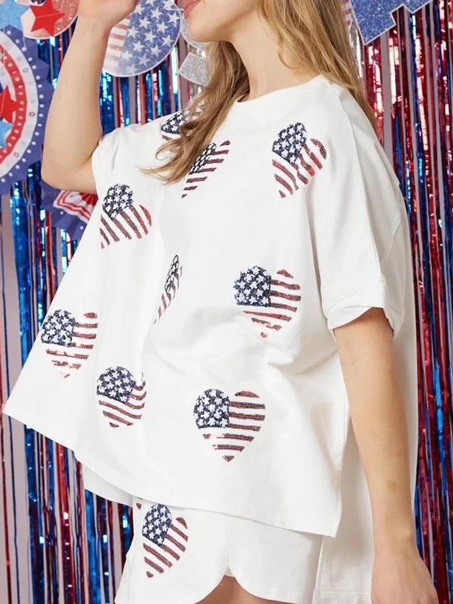 Women’s 4th of July Outfits Short Sleeve Heart Print Set
