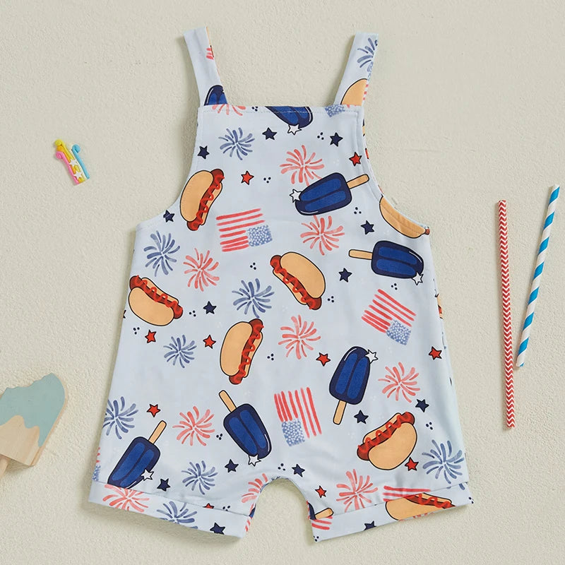 Infant Boys Rompers Patriotic Stars and Stripes Print Sleeveless Overalls Bodysuits Jumpsuits for Fourth of July Celebrations