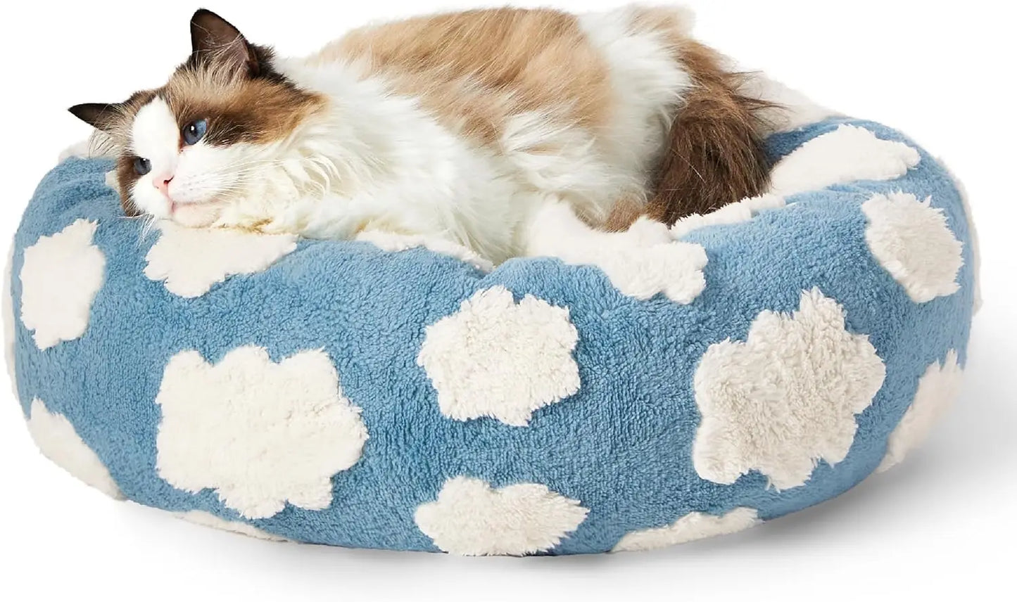 Donut Small Dog Bed - Round Cat Beds for Indoor Cats Calming Pet Beds, Cute Modern Beds with Jacquard Shaggy Plush & Anti Slip
