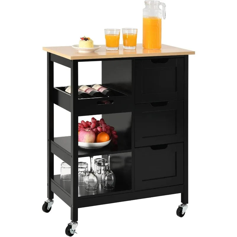 Kitchen Island with Storage, Kitchen Cart for Home, Rolling Serving Utility Trolley Cart on Wheel with 3 Drawers and 3 Storage