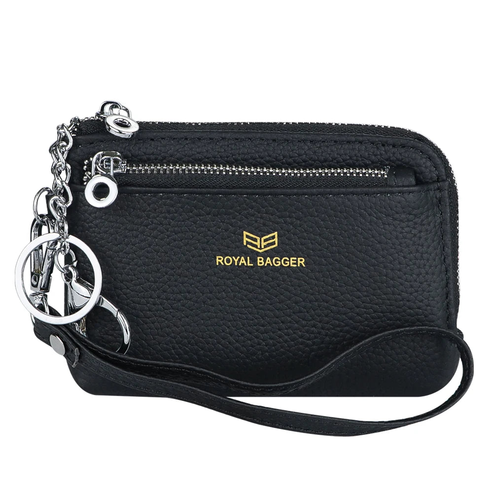 Royal Bagger RFID Coin Purse with Keychain, Genuine Leather Multi Zipper Clutch Wallet, Portable Wristlet Card Holder