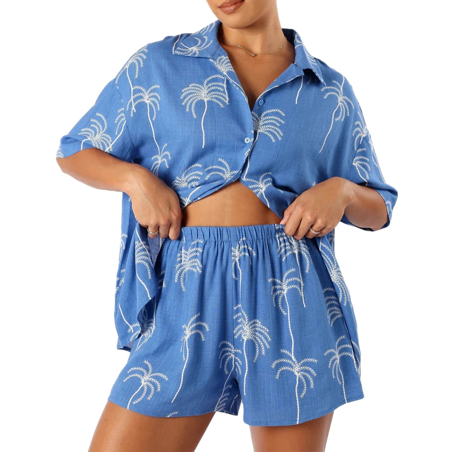 Women’s 2 Piece Lounge Set Short Sleeve Lapel Button Up Tops