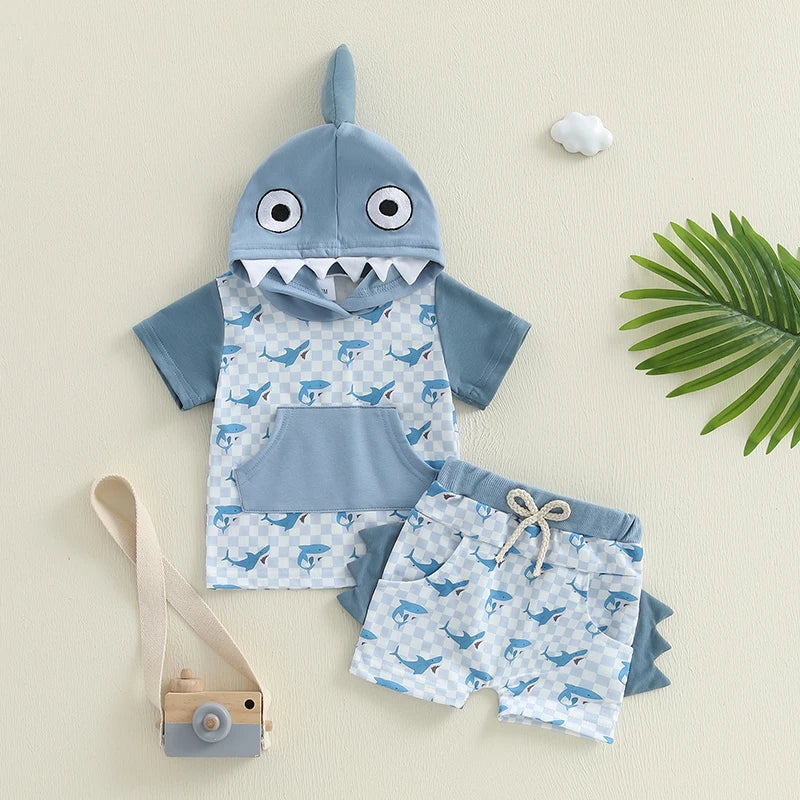 Boys Summer Outfit Sets Short Sleeve Dinosaur Print Hooded Tops and Elastic Waist Shorts Sets for Active Kids