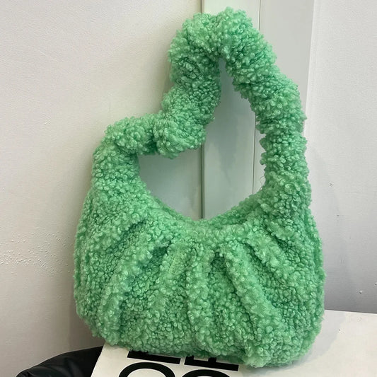 Furry Tote Bag Small Ruched Hand Purse Lambswool Cute Mini Faux Fur Bag Winter Fuzzy Pursess and Handbag for Women Lady