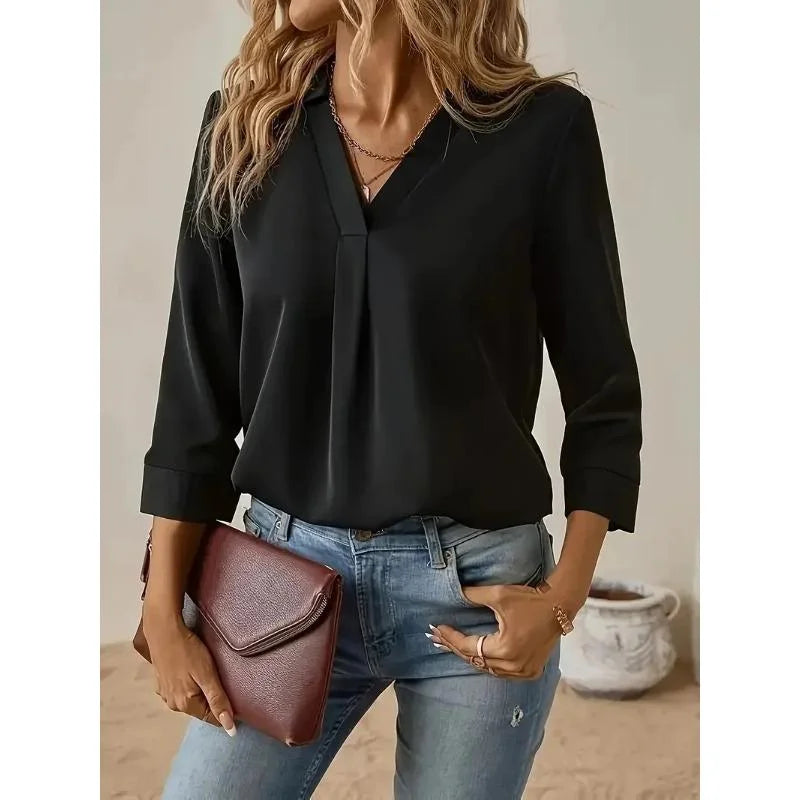 Spring and Autumn Plus Size Solid Collared Blouse Elegant 3/4 Sleeve