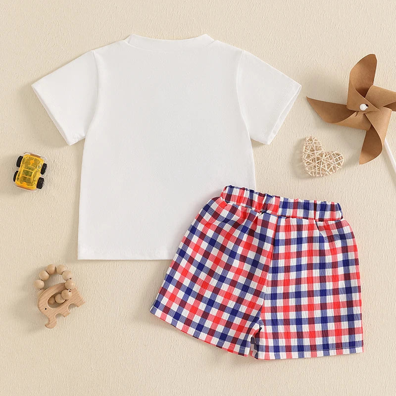 Boys Dinosaur Print T-shirt and Plaid Shorts Set Short Sleeve Embroidery Toddler Outfit for Summer Fun and Play