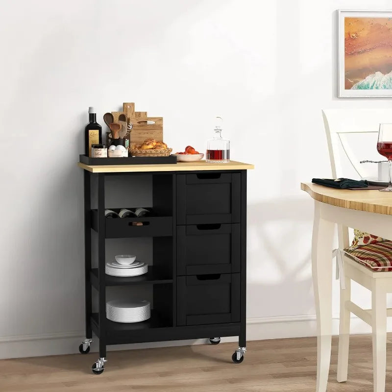 Kitchen Island with Storage, Kitchen Cart for Home, Rolling Serving Utility Trolley Cart on Wheel with 3 Drawers and 3 Storage