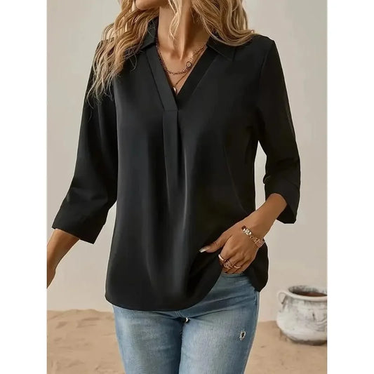 Spring and Autumn Plus Size Solid Collared Blouse Elegant 3/4 Sleeve