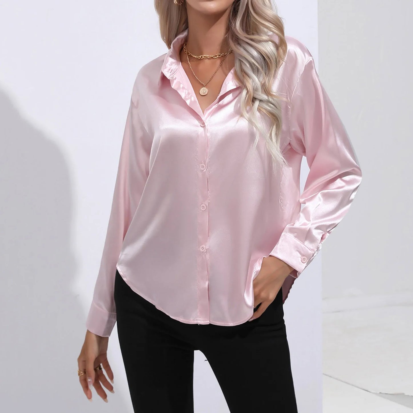 Women's Satin Shirts Solid Color Long Sleeve Office Top 2024