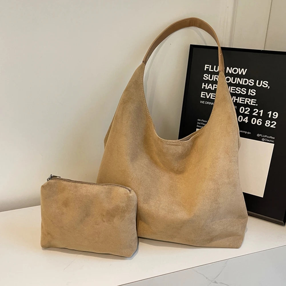 Women Suede Shoulder Bag Large Capacity Vintage Women's Bag Retro Handbag Simple Casual Commuter Bag Autumn Winter Work Travel