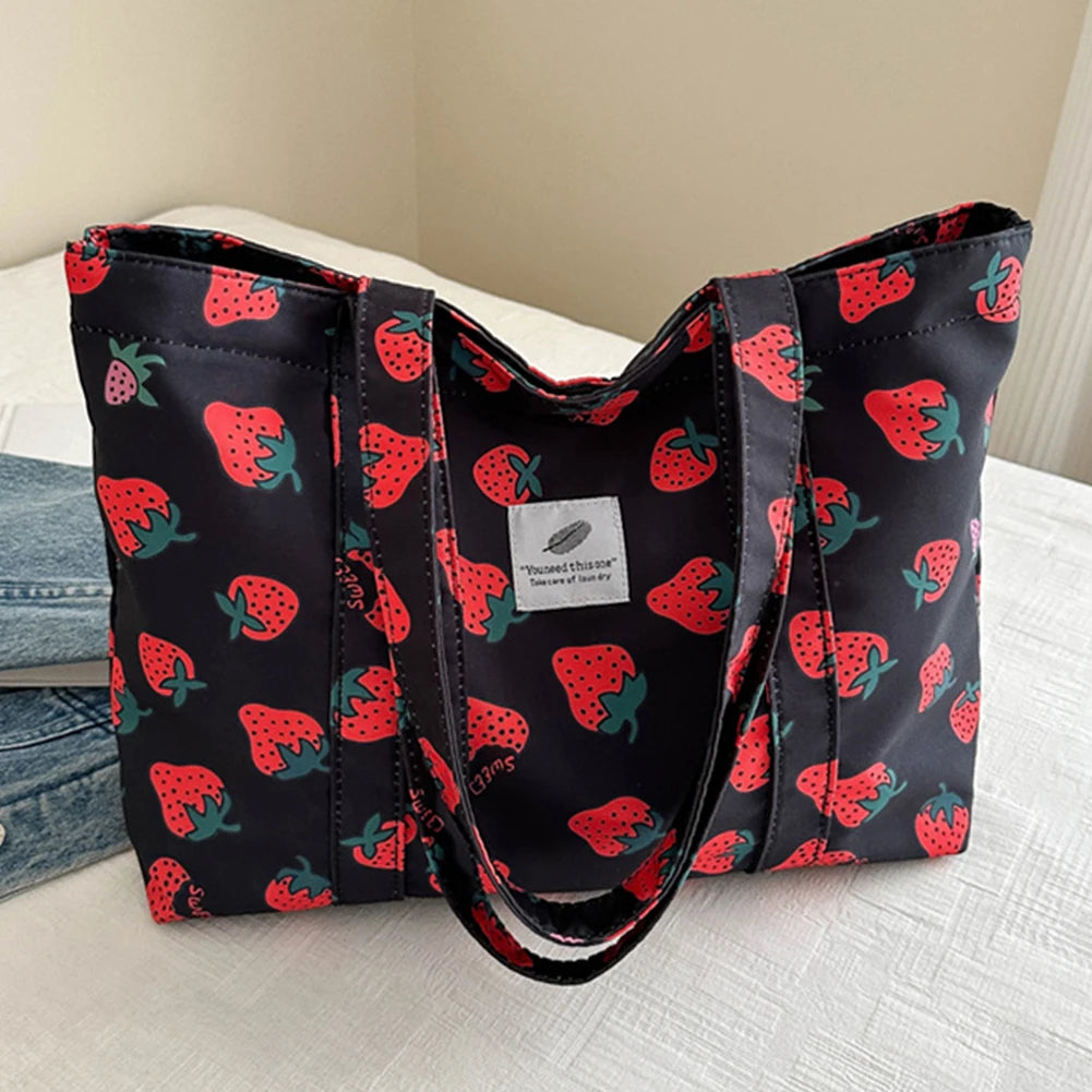 Cute Cherry Strawberry Print Satchel Purse Large Capacity Shoulder Purse Nylon Top Handle Bag Women Leisure Shopping Grocery Bag