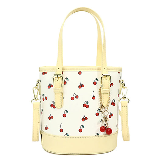 Women PU Cherry Shoulder Bag Large Capacity Trendy Commuting Bag with Cherry Pendant Stylish Crossbody Bag Aesthetic Handbag