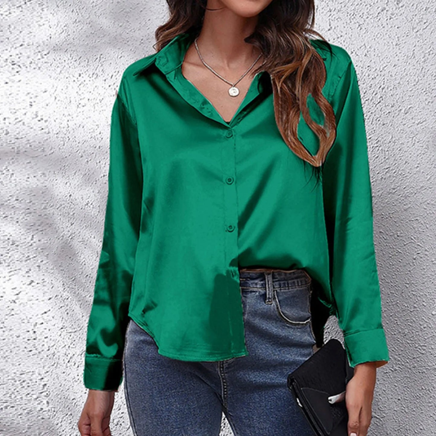 Women's Satin Shirts Solid Color Long Sleeve Office Top 2024