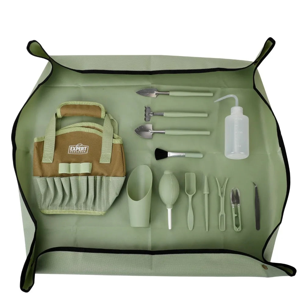 Indoor Stainless Steel Gardening Tool Set, 14 Pieces, Mint Green