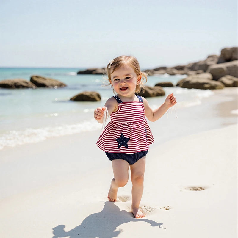 Toddler Girl Independence Day Clothing Set Sleeveless Striped Top with Matching Solid Color Shorts 2 Piece Outfit