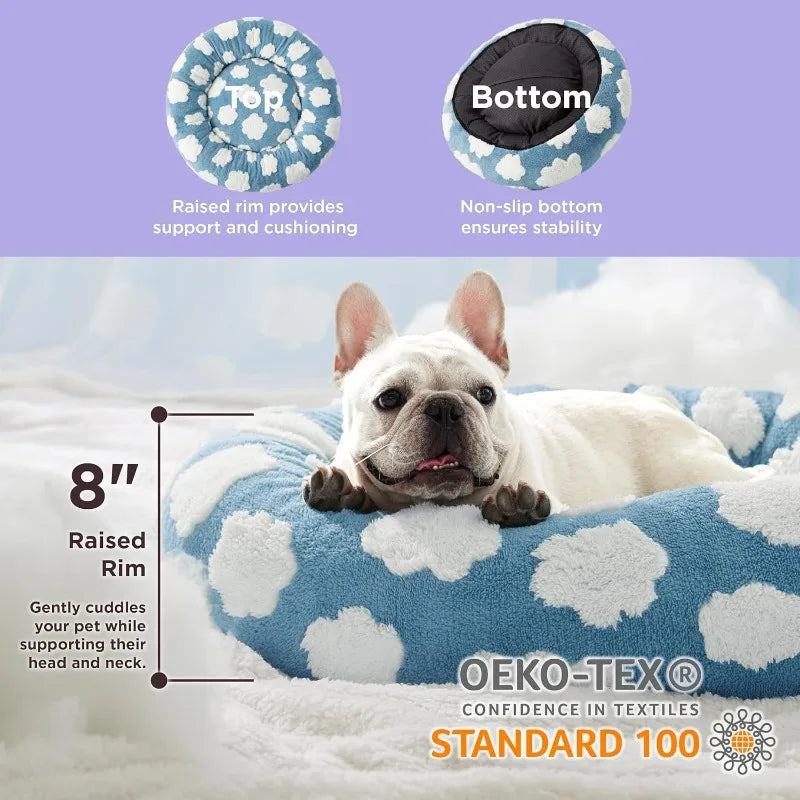 Donut Small Dog Bed - Round Cat Beds for Indoor Cats Calming Pet Beds, Cute Modern Beds with Jacquard Shaggy Plush & Anti Slip
