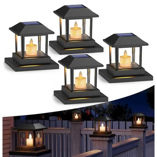 Solar Post Cap Lights Outdoor 4 Pack 3D Flickering Candle Design IP67 Waterproof Warm LED Lighting Kit Decor Solar Powered Easy