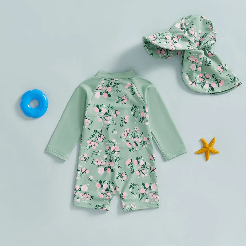 Baby Girl  Swimsuit Ruffle Sleeve Floral Print Swimwear with UPF 50 Sun Protection and Matching Hat