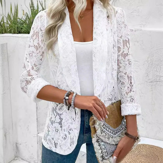 White Lace Hollow Out Women's Suit Coat Lightweight Blazers