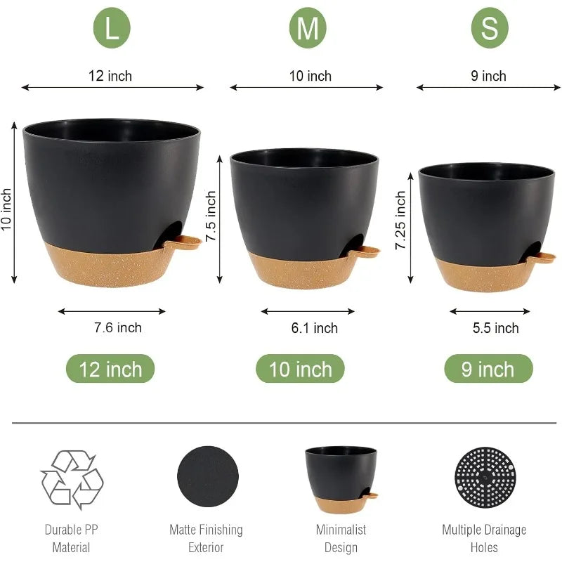 Large Self Watering Pots 12 10 9 Plastic Planters High Drainage