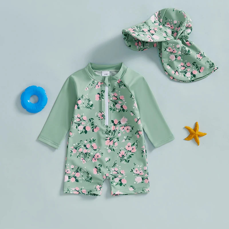 Baby Girl  Swimsuit Ruffle Sleeve Floral Print Swimwear with UPF 50 Sun Protection and Matching Hat