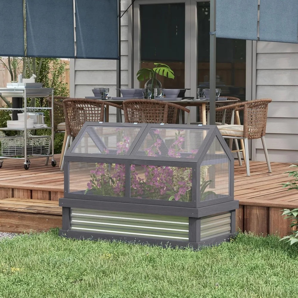 Raised Garden Bed with Polycarbonate Greenhouse, Wooden Garden Cold Frame Greenhouse, Flower Planter Protection, 48" x 24" x 32"